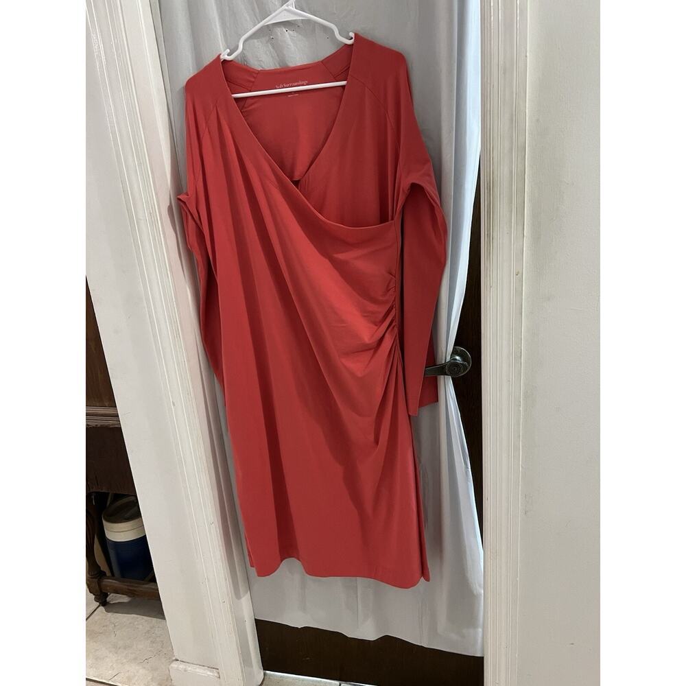Soft Surroundings Coral Pink Midi Faux Wrap Ruched Side Dress Sz Tall L